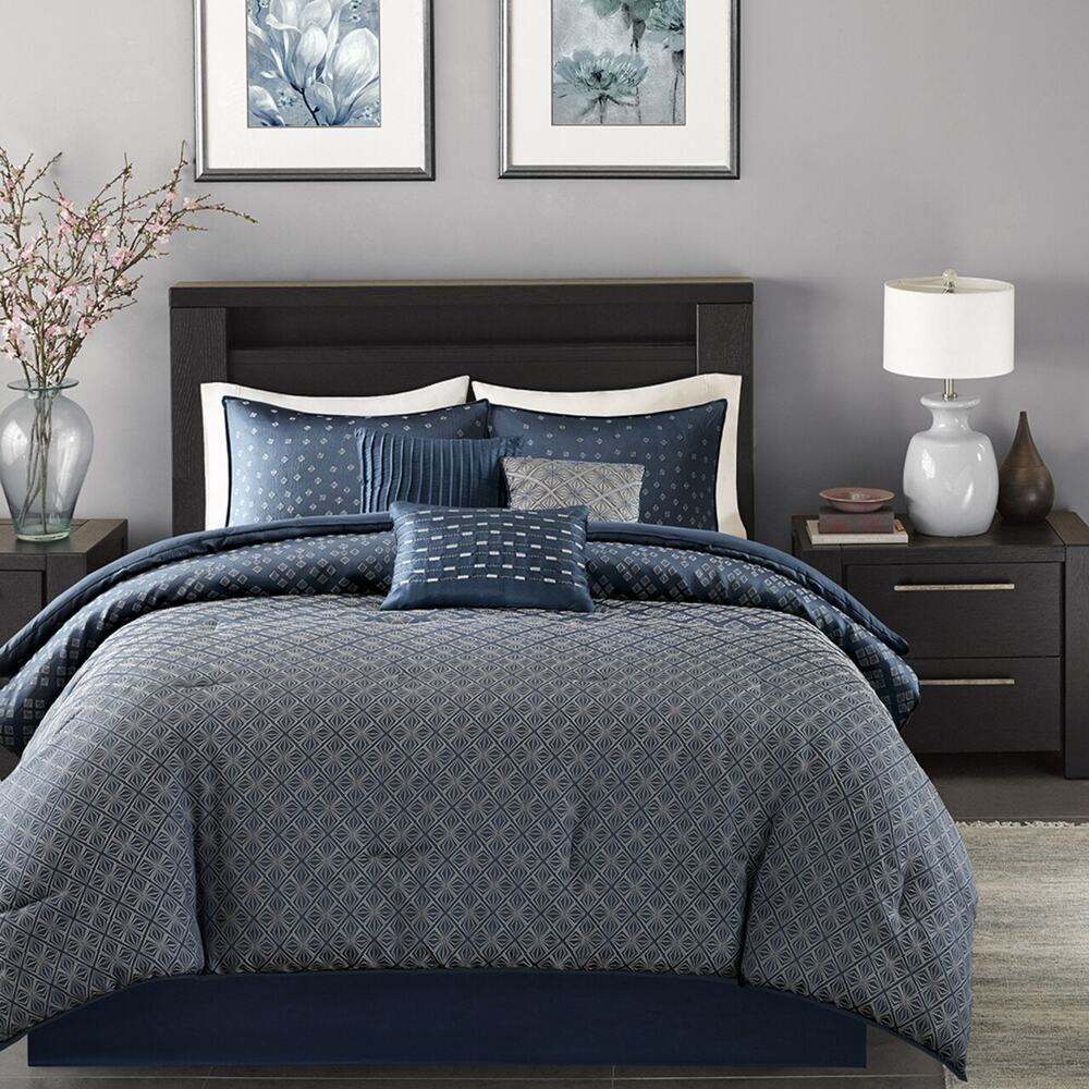 King Size Biloxi 7 Piece Comforter Set Blue Contemporary Madison Park MP10-3734